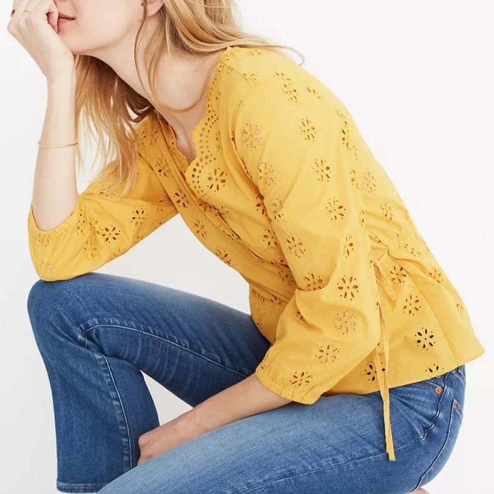 Madewell Mustard Yellow Scalloped Eyelet Wrap Top SIze Extra Extra Small - Picture 4 of 16